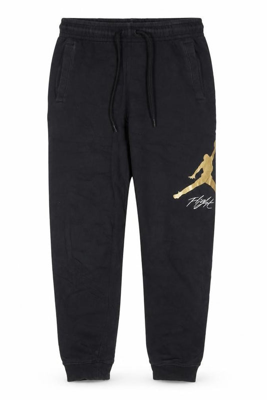 Front view of Jordan Men's Black Regular Fit Sweatpants Small with Gold Logo
