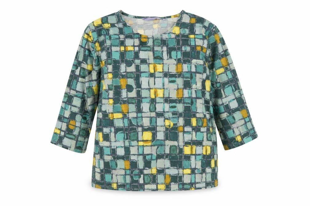 Front view of Honor Millburn women’s multicoloured geometric 3/4 sleeve stretch top, size L
