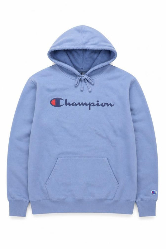 Front view of Champion Men's Blue Pullover Hoodie, size M, Graphic Logo Fleece