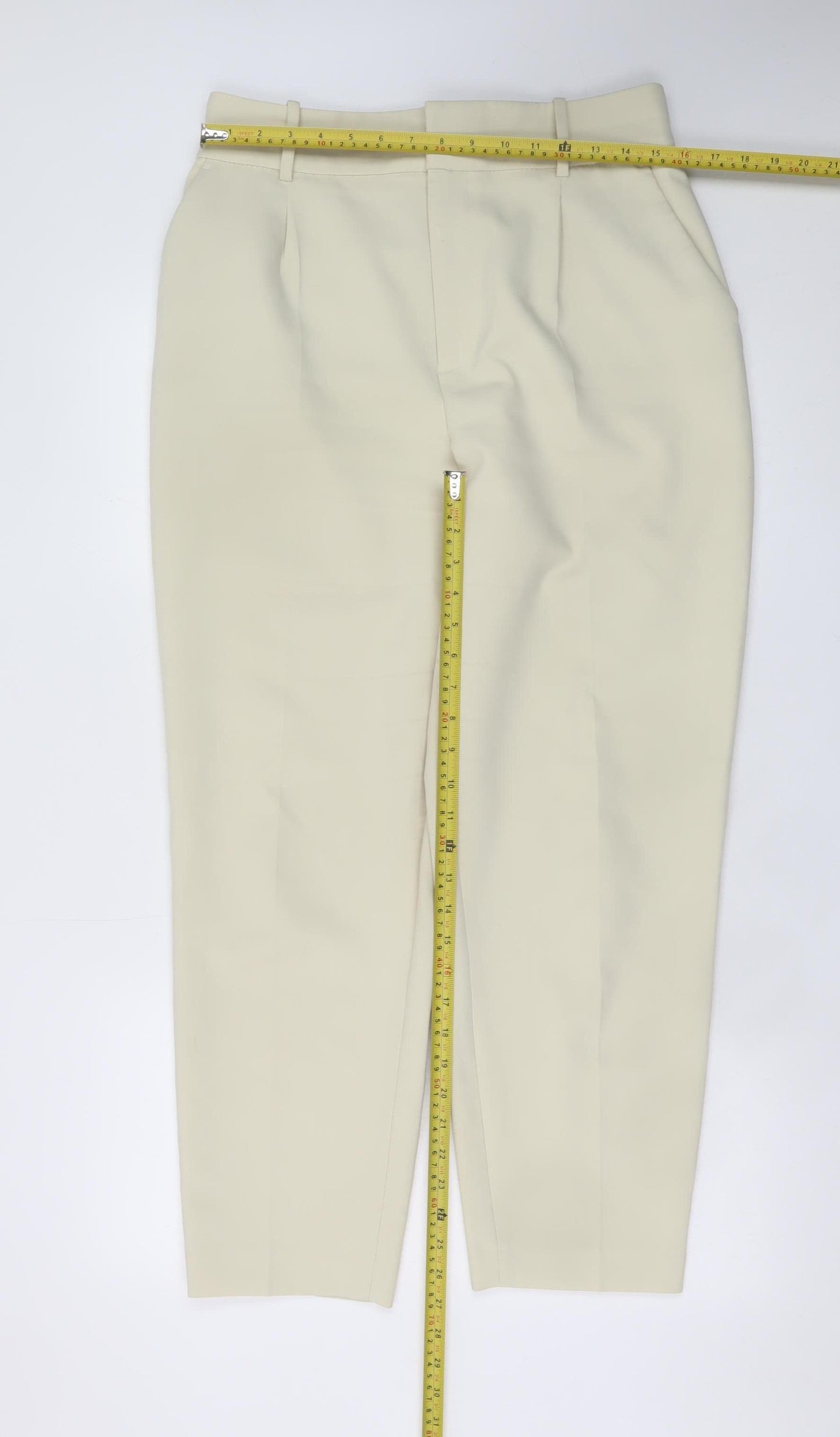 ZARA Women Beige Pleated Tapered Trousers L Size Tailored Workwear