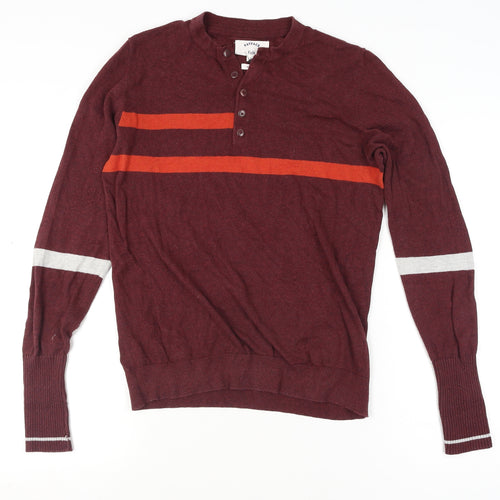 FatFace Men's Red Henley Jumper M Striped Cotton Classic Knit