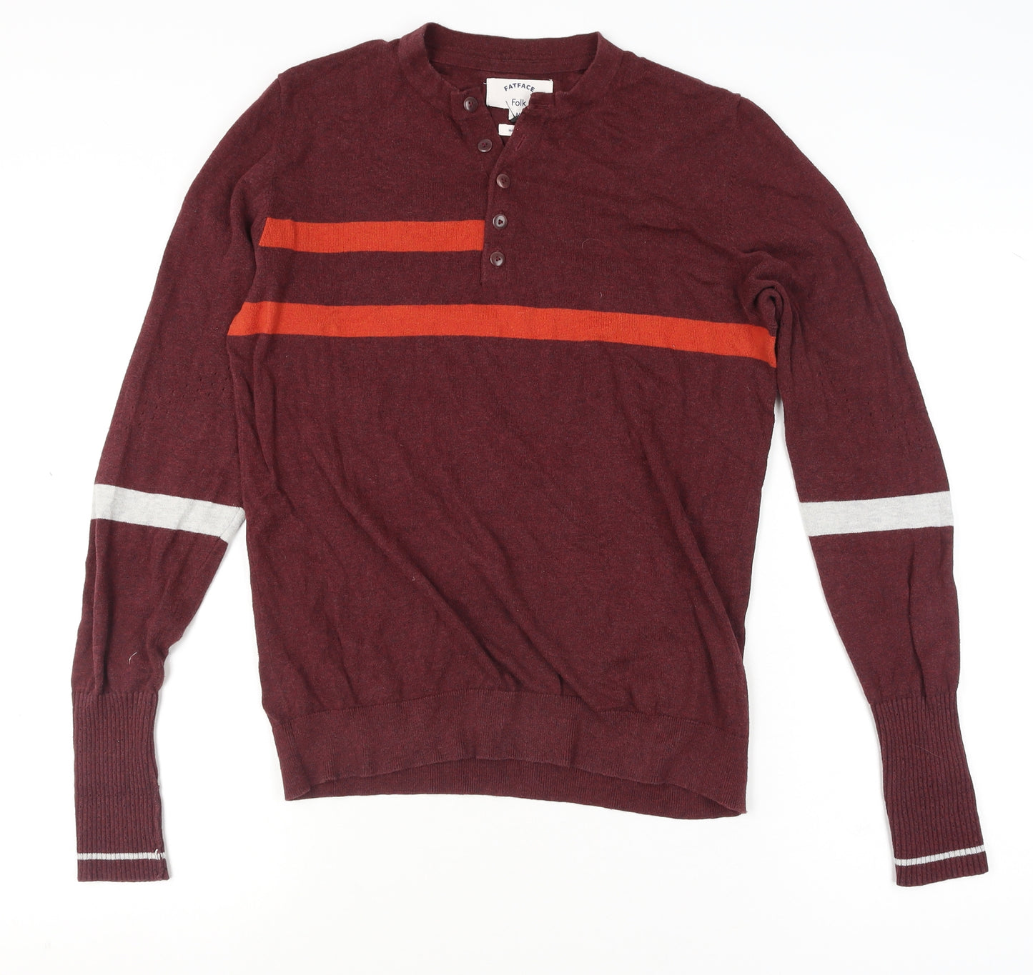 FatFace Men's Red Henley Jumper M Striped Cotton Classic Knit