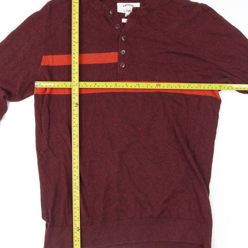 FatFace Men's Red Henley Jumper M Striped Cotton Classic Knit