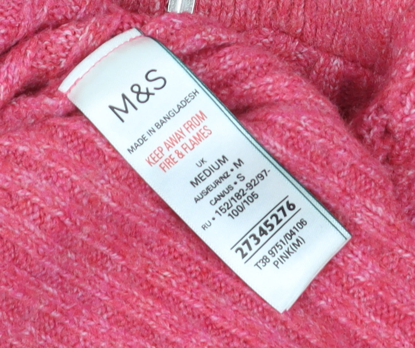Marks and Spencer Women’s Pink Knit 1/2 Zip High Neck Jumper M