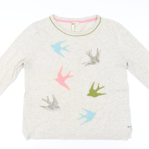 White Stuff Womens Beige Bird Embroidered Knit Jumper Size 12