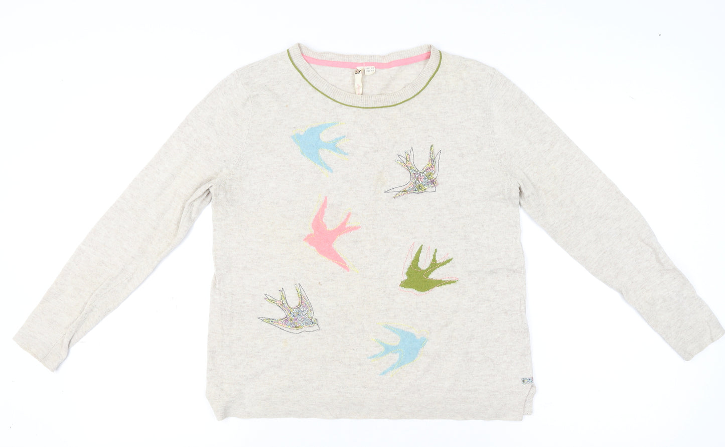 White Stuff Womens Beige Bird Embroidered Knit Jumper Size 12