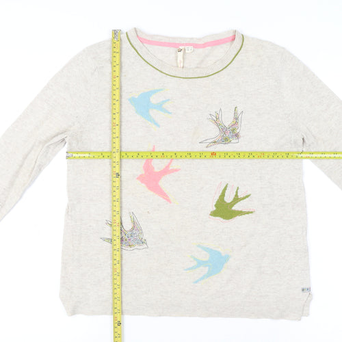 White Stuff Womens Beige Bird Embroidered Knit Jumper Size 12