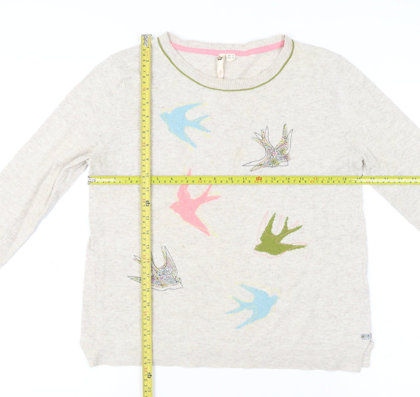 White Stuff Womens Beige Bird Embroidered Knit Jumper Size 12