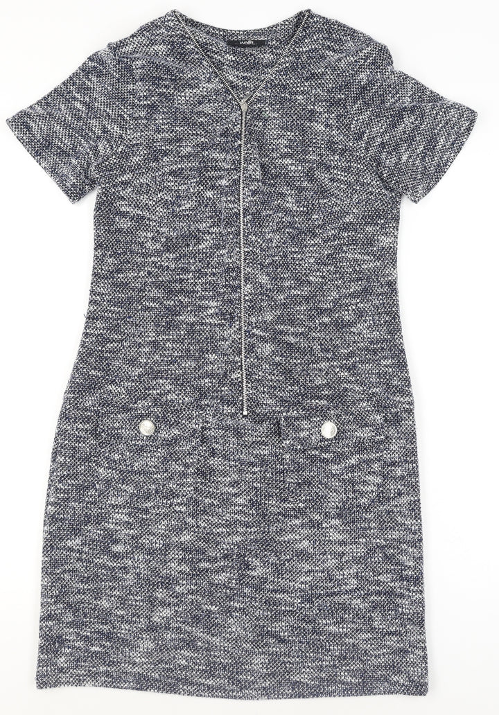 Wallis Women’s Grey Knit Shift Dress Size 10 Short Sleeve Zip Detail