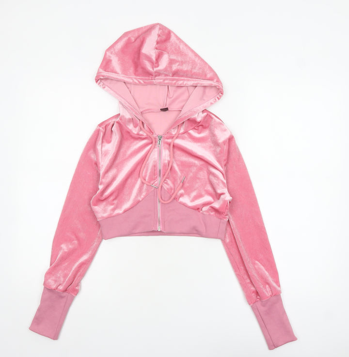 SHEIN Womens Pink Velour Full Zip Cropped Hoodie Size S