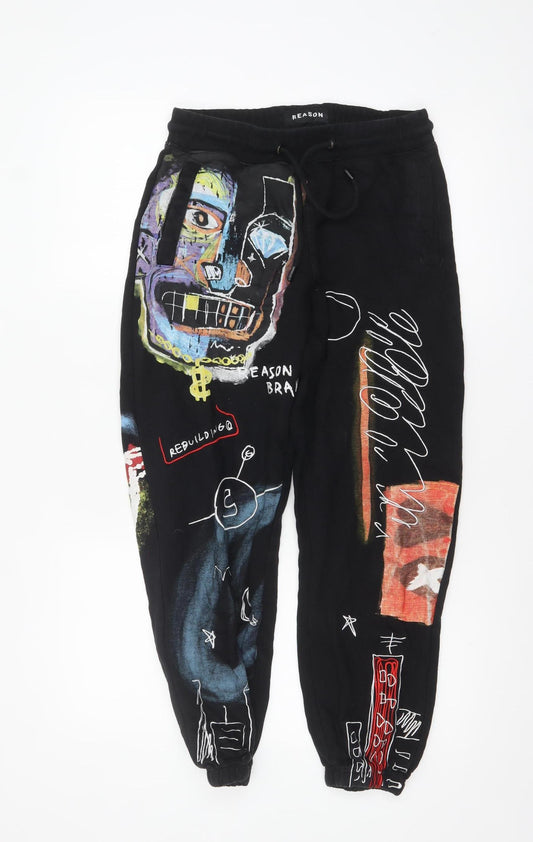 Reason Womens Black Art Print Cotton Jogger Trousers Size M