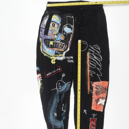 Reason Womens Black Art Print Cotton Jogger Trousers Size M