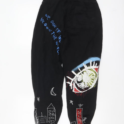 Reason Womens Black Art Print Cotton Jogger Trousers Size M