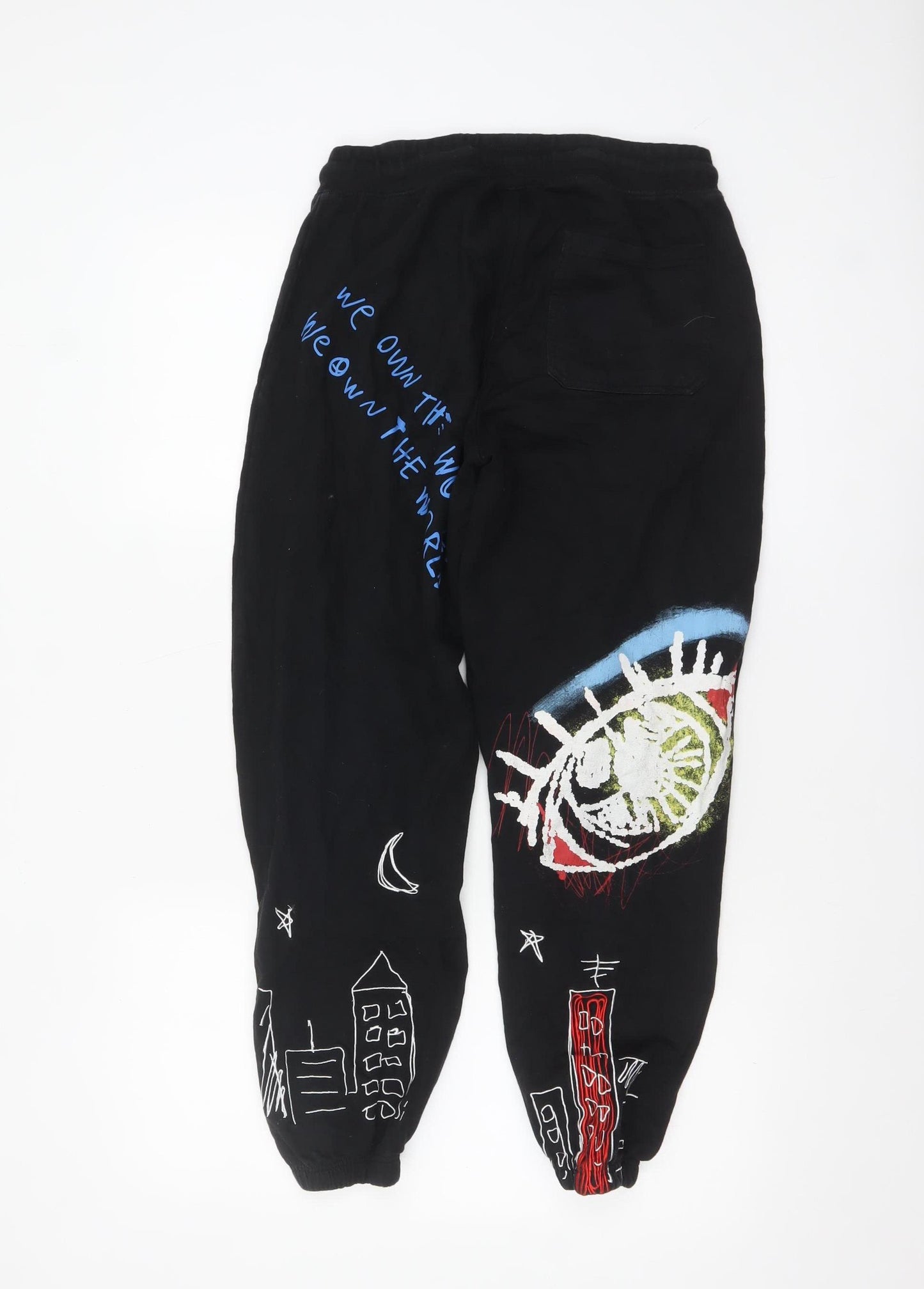 Reason Womens Black Art Print Cotton Jogger Trousers Size M