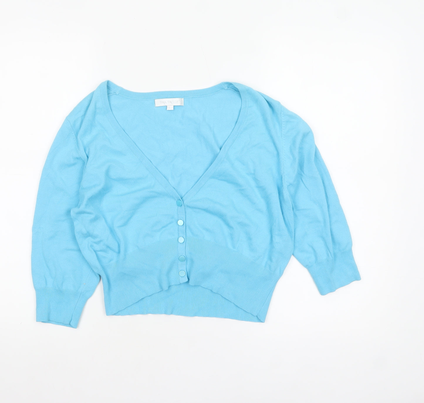 Tina Taylor Women Blue L V-Neck 3/4 Sleeve Button Cardigan