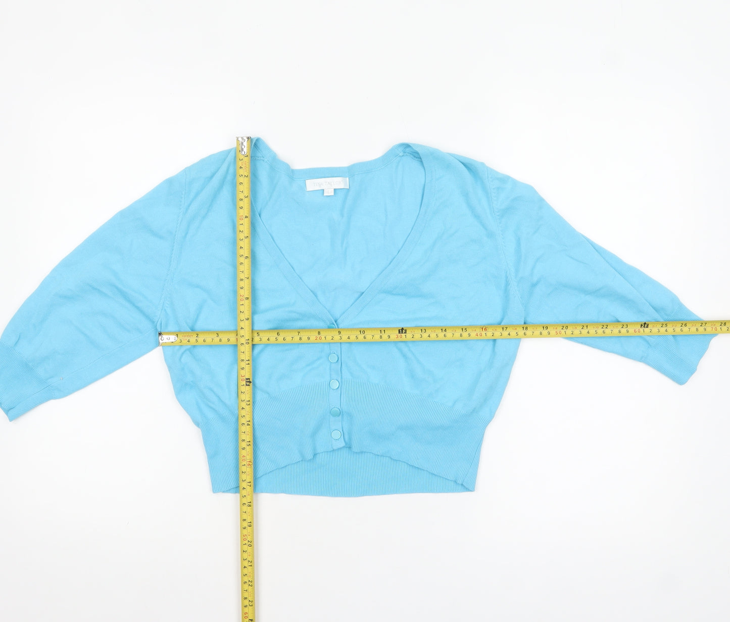 Tina Taylor Women Blue L V-Neck 3/4 Sleeve Button Cardigan