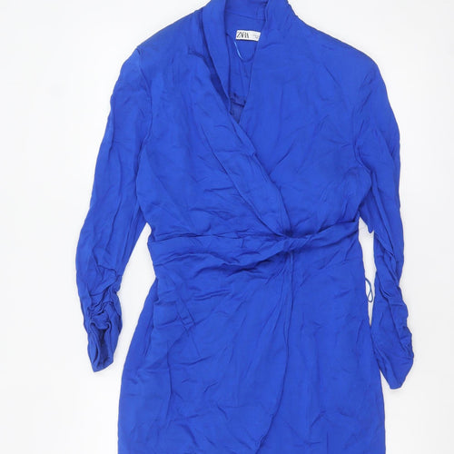 Zara Women Blue Viscose Wrap Dress Size 12 Long Sleeve Short Belted