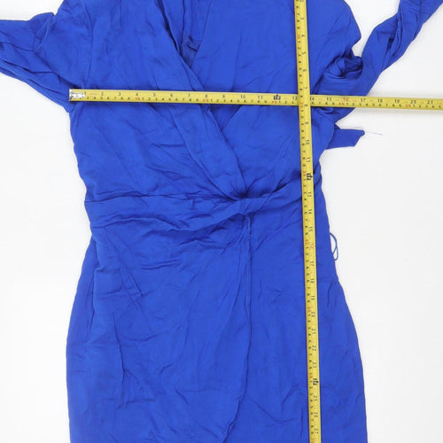 Zara Women Blue Viscose Wrap Dress Size 12 Long Sleeve Short Belted