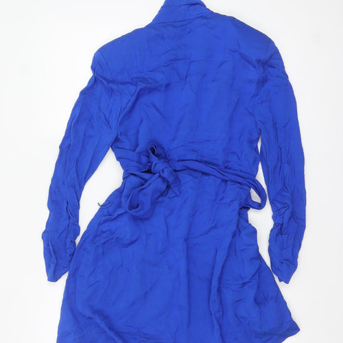 Zara Women Blue Viscose Wrap Dress Size 12 Long Sleeve Short Belted