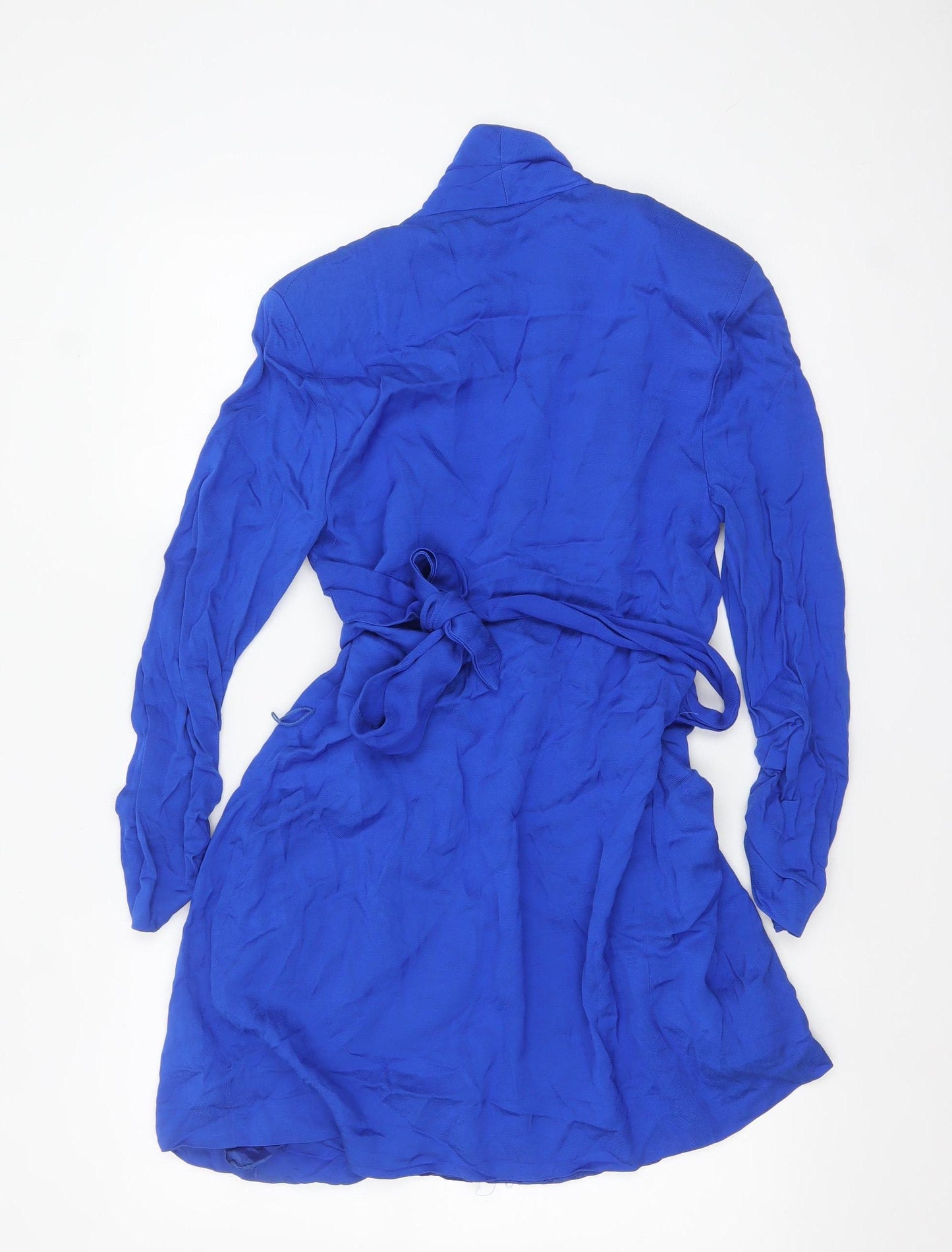 Zara Women Blue Viscose Wrap Dress Size 12 Long Sleeve Short Belted
