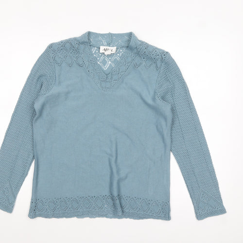 Afibel Women Blue Acrylic V-Neck Crochet Knit Jumper Size 14