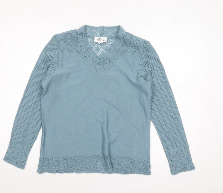 Afibel Women Blue Acrylic V-Neck Crochet Knit Jumper Size 14