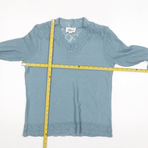 Afibel Women Blue Acrylic V-Neck Crochet Knit Jumper Size 14
