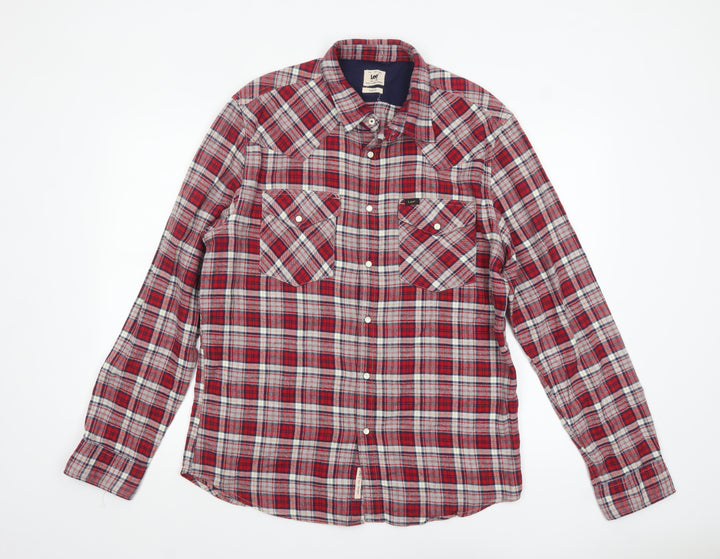 Lee Men's Red Plaid Slim Fit Flannel Button-Up Shirt XL