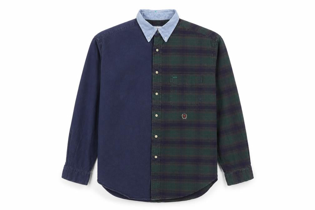 Front view of Tommy Hilfiger Men’s Blue Check Button-Up Shirt L Cotton Flannel
