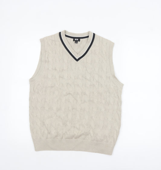 Uniqlo Men Beige Cable-Knit Cotton V-Neck Sleeveless Vest S