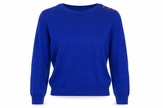 Front view of Next Women’s Blue Crew Neck Button Shoulder Jumper, size S