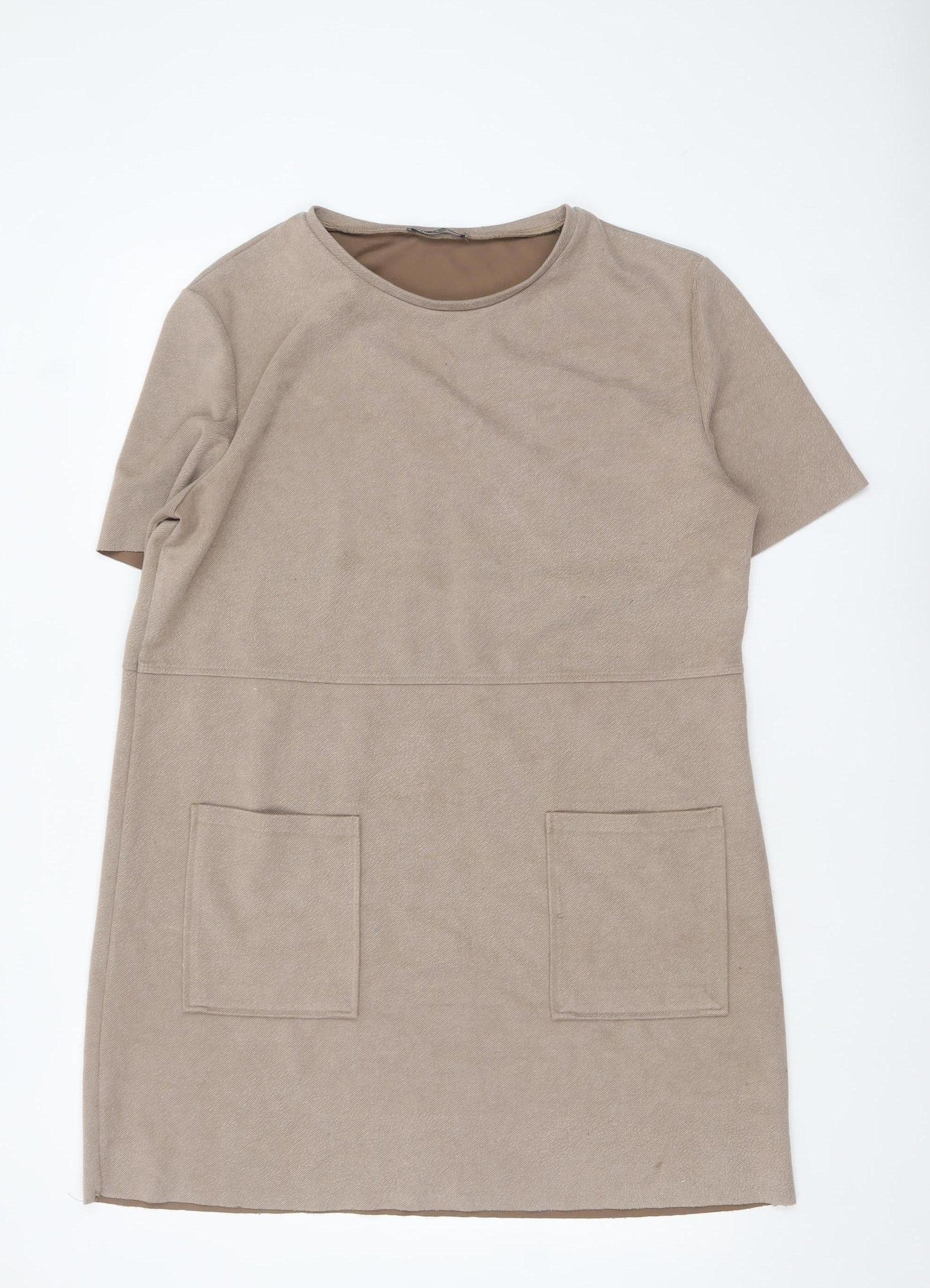 Zara Women Beige XL Short Sleeve Shift Dress with Pockets