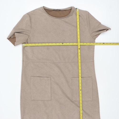 Zara Women Beige XL Short Sleeve Shift Dress with Pockets