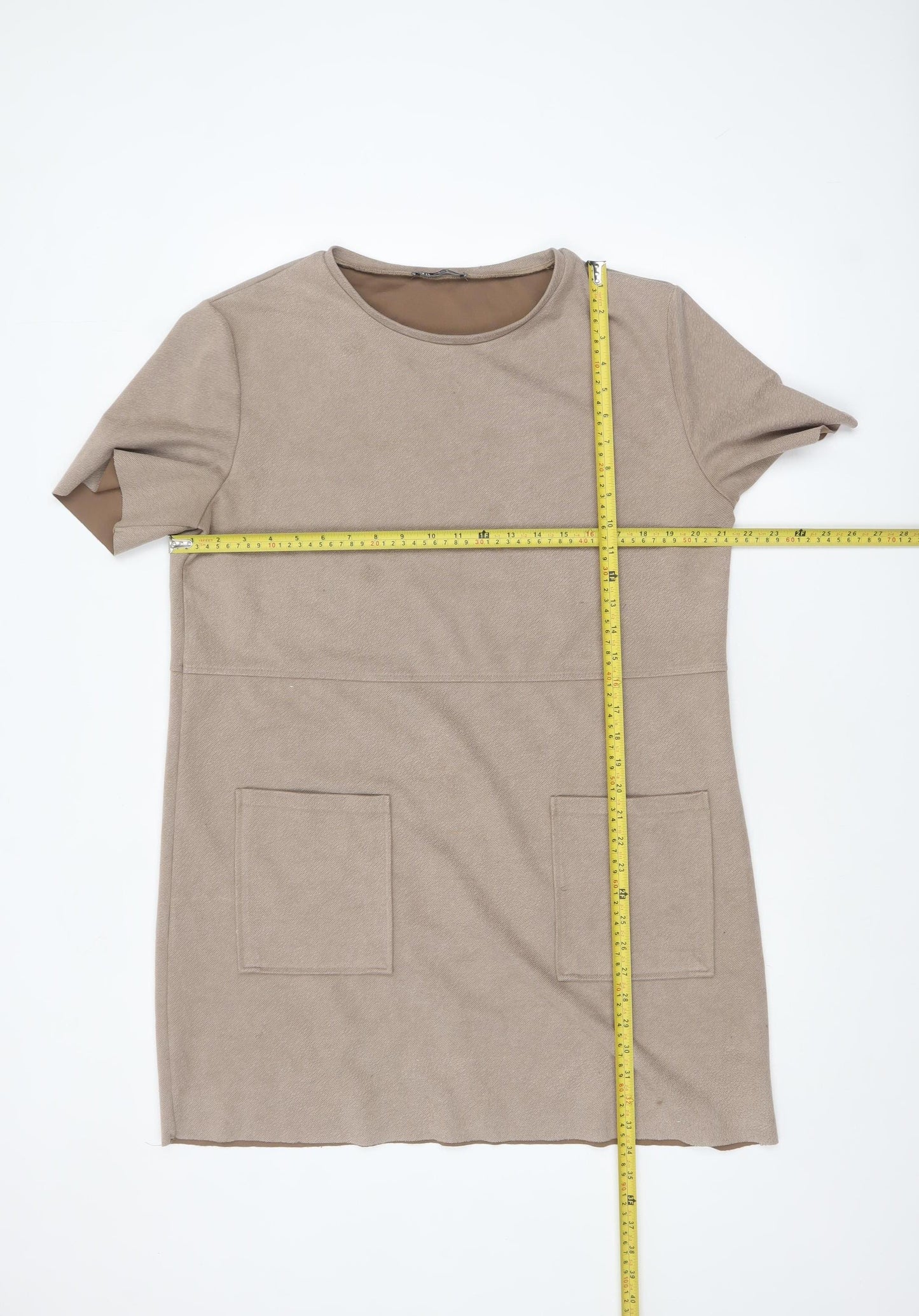 Zara Women Beige XL Short Sleeve Shift Dress with Pockets