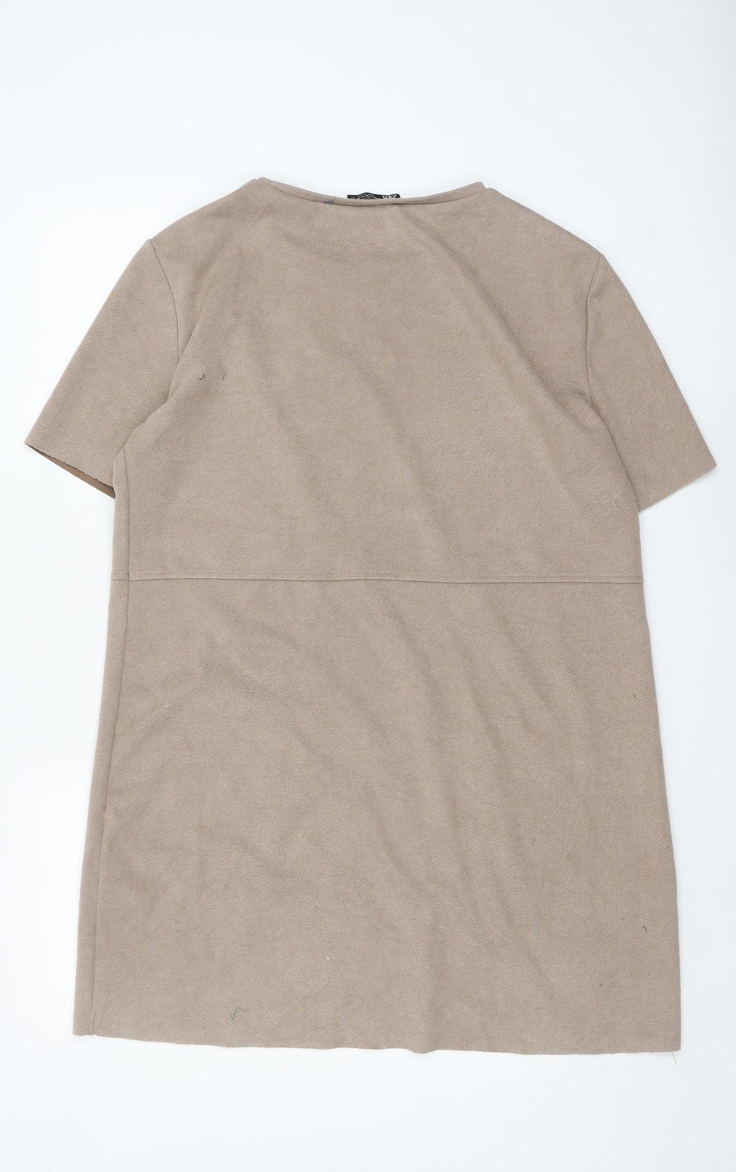 Zara Women Beige XL Short Sleeve Shift Dress with Pockets