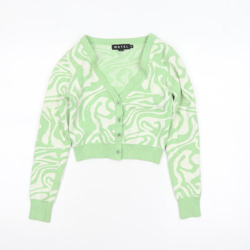 Motel Womens Green XS V-Neck Geometric Knit Cardigan