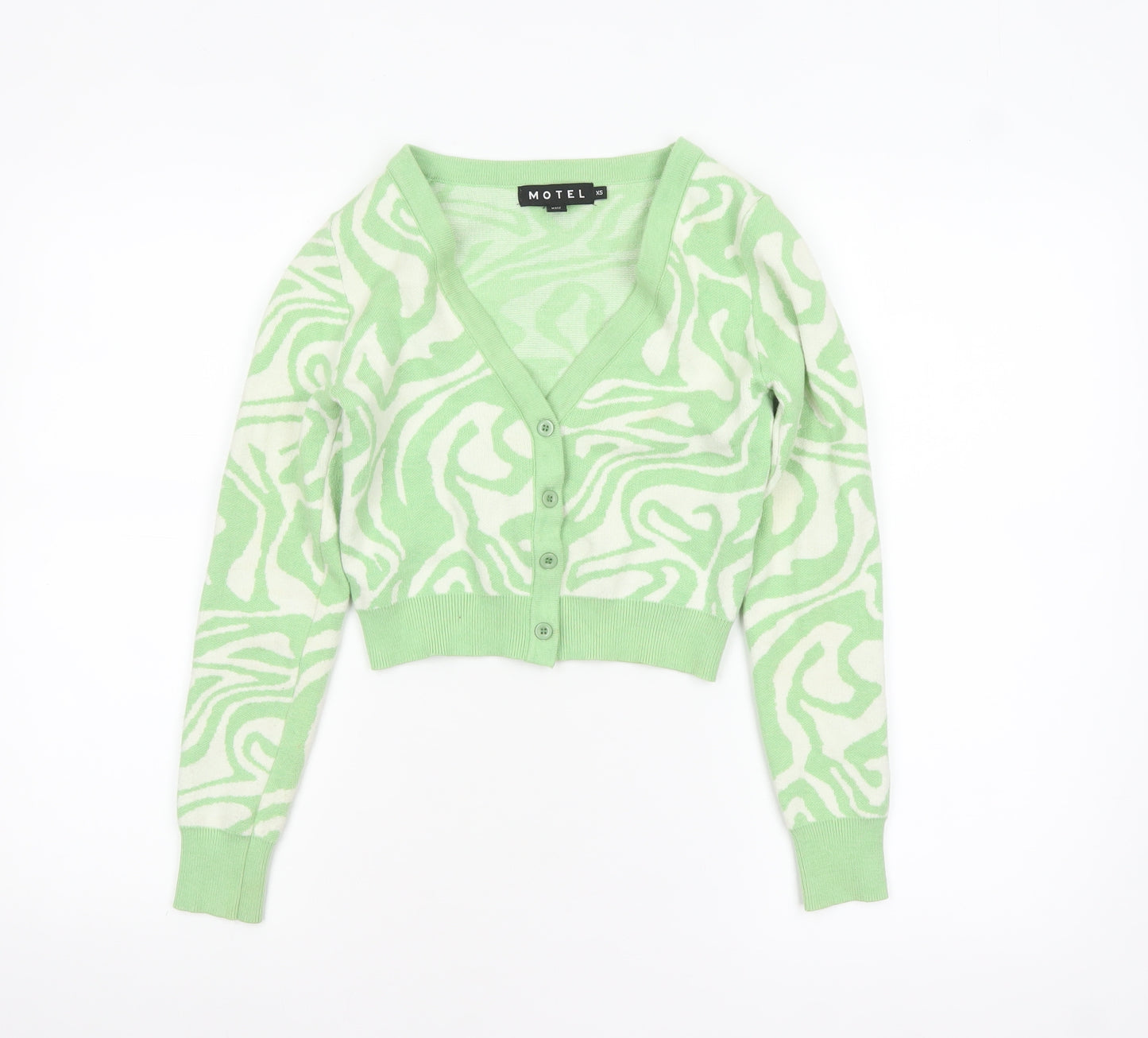 Motel Womens Green XS V-Neck Geometric Knit Cardigan