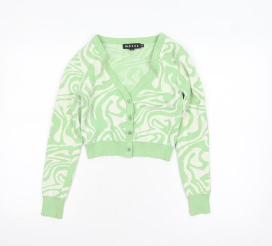 Motel Womens Green XS V-Neck Geometric Knit Cardigan
