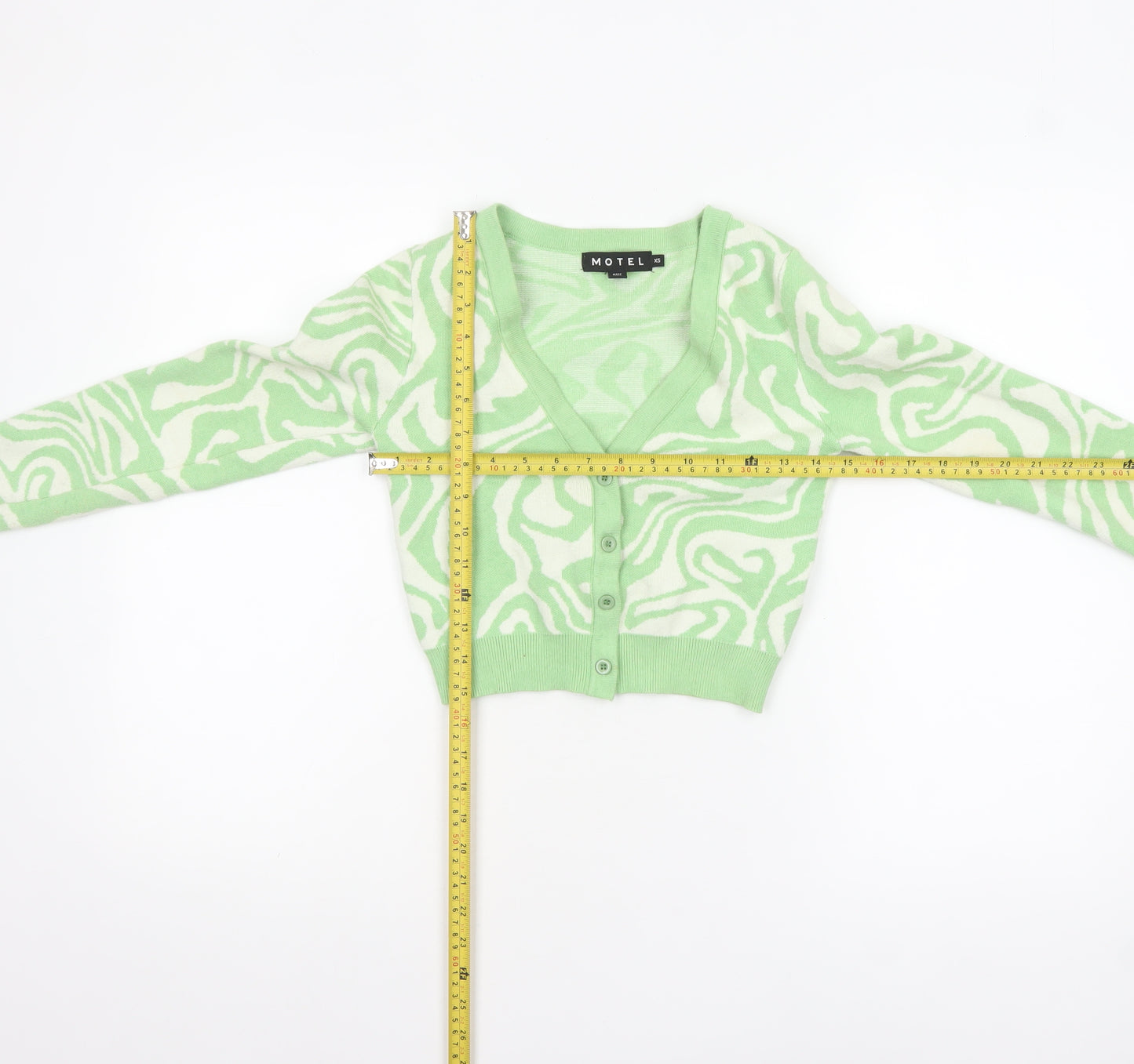 Motel Womens Green XS V-Neck Geometric Knit Cardigan