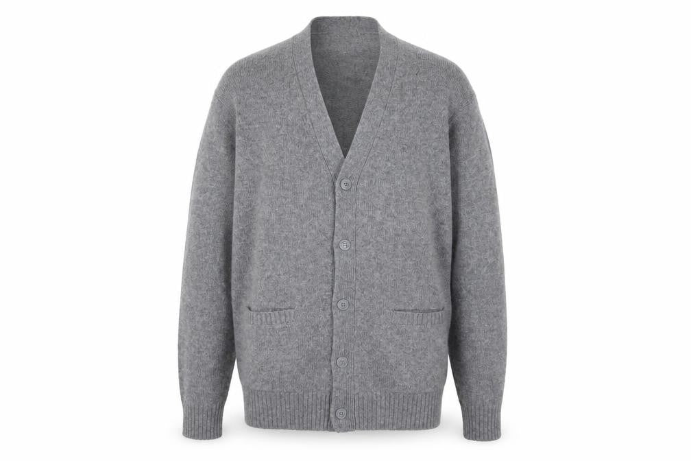 Front view of GU Men's Grey Wool Blend Cardigan M V-Neck Knit Jumper