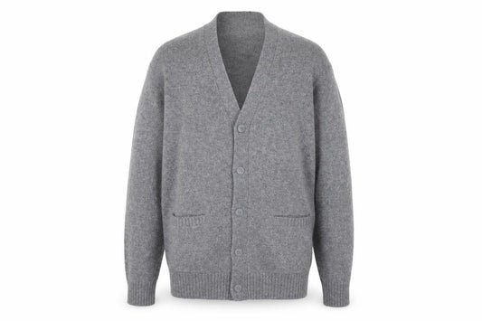 Front view of GU Men's Grey Wool Blend Cardigan M V-Neck Knit Jumper