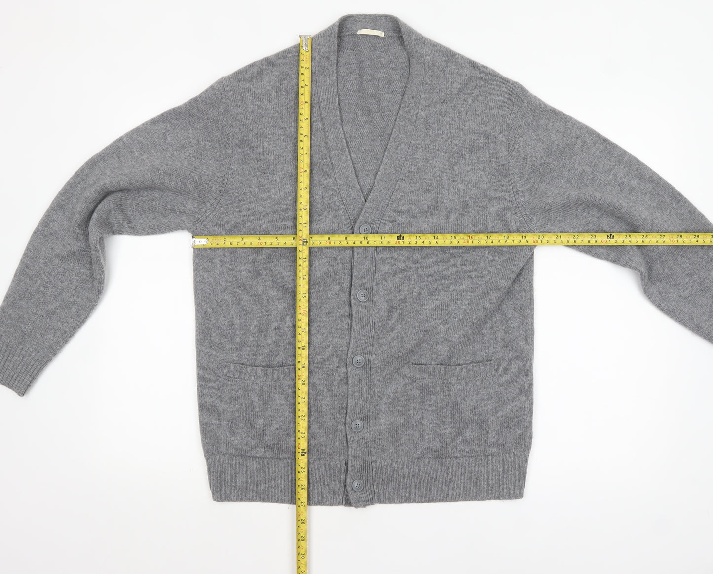 GU Men's Grey Wool Blend Cardigan M V-Neck Knit Jumper