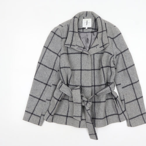 Jasper Conran Women's Grey Check Wool Belted Mid-Length Coat Size 10