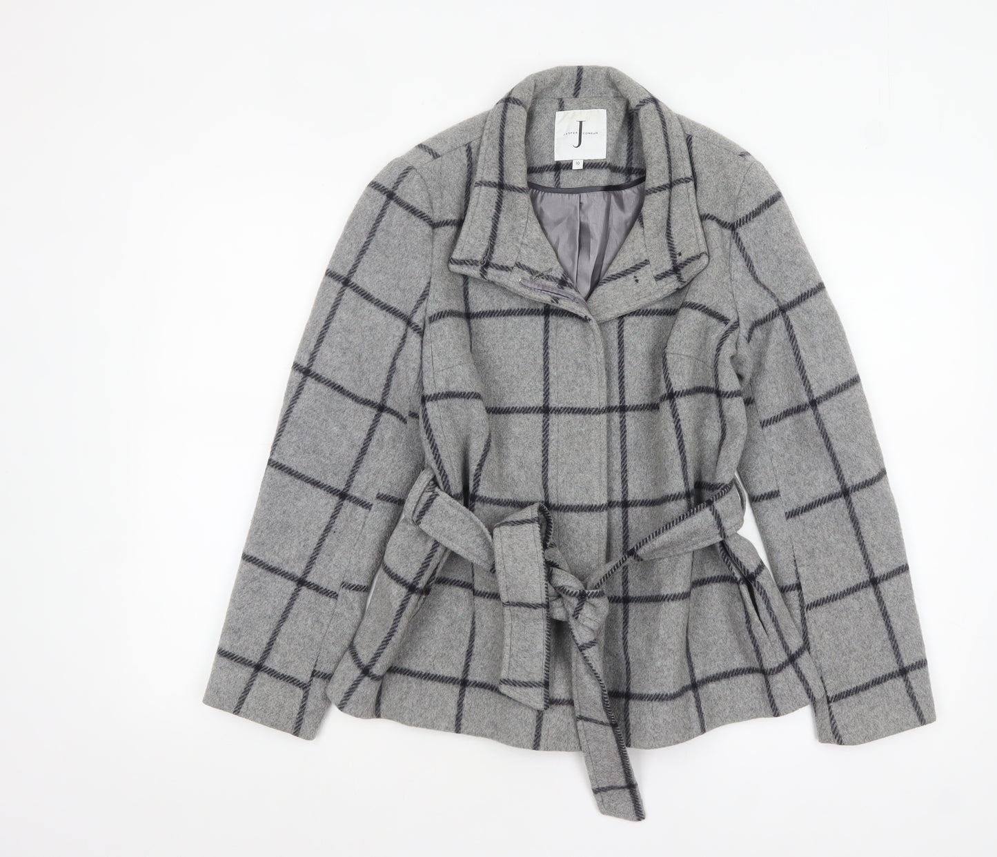 Jasper Conran Women's Grey Check Wool Belted Mid-Length Coat Size 10