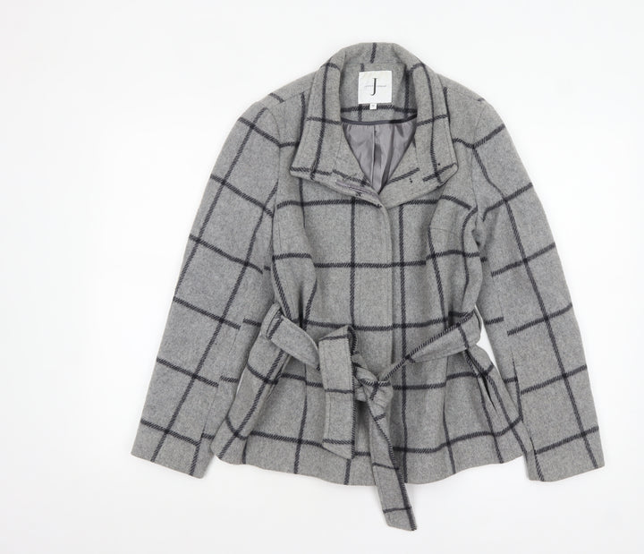 Jasper Conran Women's Grey Check Wool Belted Mid-Length Coat Size 10
