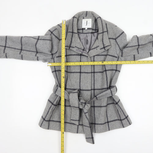Jasper Conran Women's Grey Check Wool Belted Mid-Length Coat Size 10