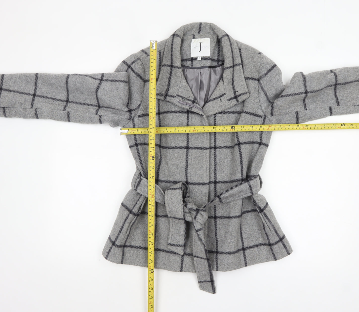 Jasper Conran Women's Grey Check Wool Belted Mid-Length Coat Size 10