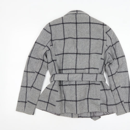 Jasper Conran Women's Grey Check Wool Belted Mid-Length Coat Size 10