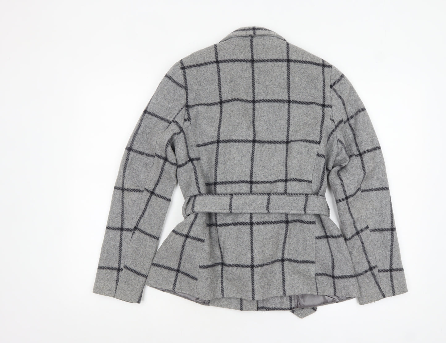 Jasper Conran Women's Grey Check Wool Belted Mid-Length Coat Size 10