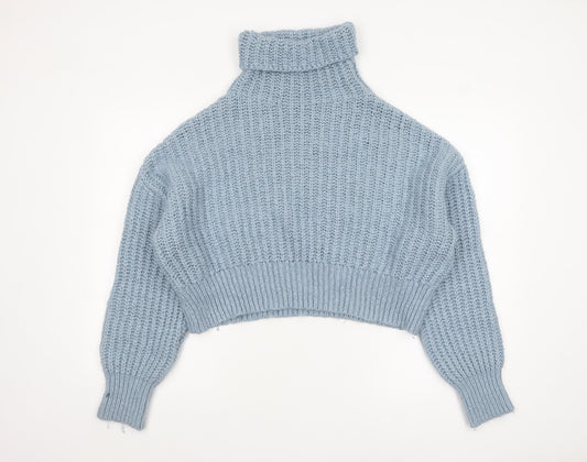 Zara Women's Blue Chunky Roll Neck Cropped Jumper Size 10